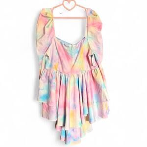 RARE!! NWT Selkie Pastel Rainbow Watercolor Puff Sleeves Layered Mini Dress 3X